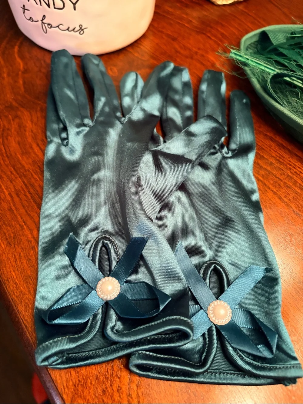 Elegant Teal Satin Wrist Gloves with Bow Accent